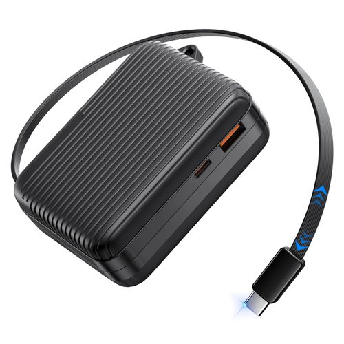 YKZ 10000mAh USB-C Portable Charger with Built-in Retractable Cable, Fast Charging Power Bank for Android Devices, Dual Output Battery Pack, Compact & Flight Approved for Travel