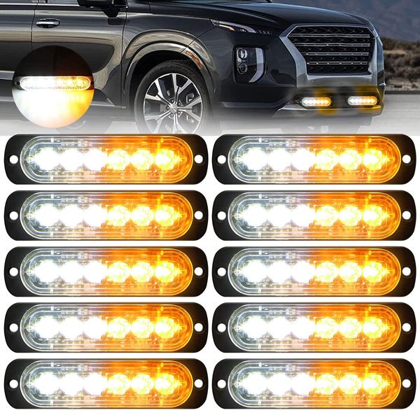 EEEKit 10 Pack LED Emergency Strobe Lights, Amber White 6 LED Strobe Warning Emergency Flashing Light Caution Construction Hazard Light Bar for Car Truck Van Off-road Vehicle ATV SUV Surface Mount