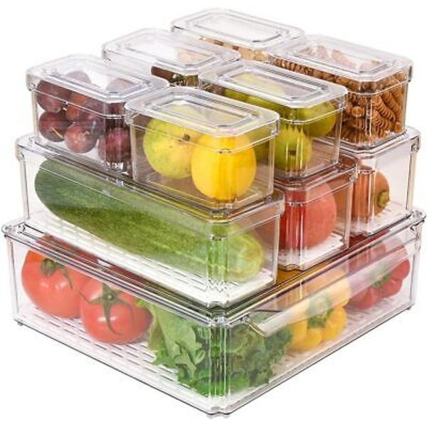 Stackable Refrigerator Organizer Bins with Lids, Fridge Pack of 10