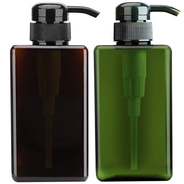 Alledomain 2PCS 450ml / 15.8oz Pump Dispenser Bottle Empty Refillable Plastic Lotion Pump Bottles, Shampoo Body Wash Shower Square Storage Holder Container Toiletries Liquid Dispenser (Green + Brown)