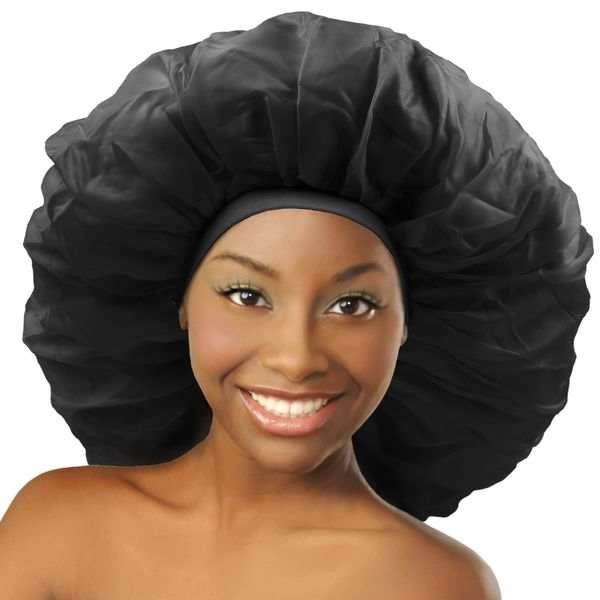 Donna Super Jumbo Day&Night Cap Silk Bonnet for Women, Satin Bonnet for Sleeping Hair Cap Black