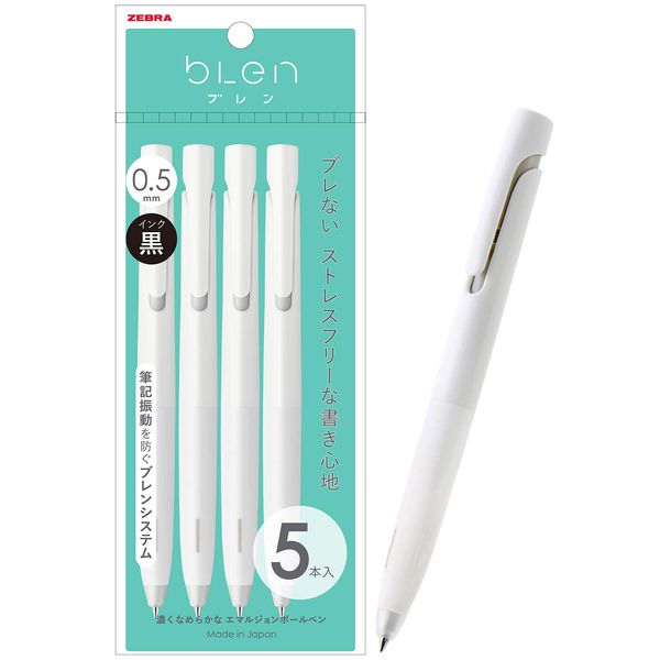 Zebra P-BAS88-W5 Permanent Ballpoint Pen Blen, 0.5mm, White Axis, Black Ink, Set of 5