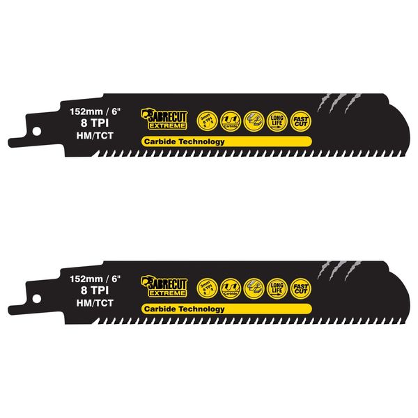 2 x SabreCut SCRS930HM_2 Tungsten Carbide 152mm 8 TPI S930HM Very Fast Wood and Metal Cutting Reciprocating Sabre Saw Blades Compatible with Bosch Dewalt Makita and many others