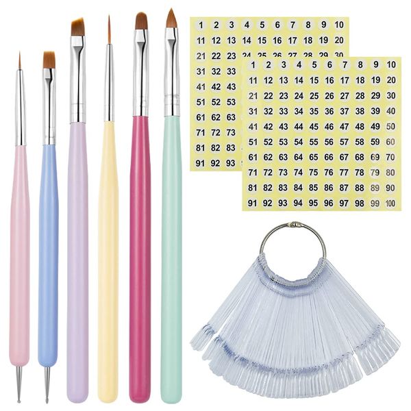 50 PCS Nail Swatch Sticks with Ring and Number Stickers Nail Practice Color Display Polish Board, DaKuan 6 PCS Nail Art Brushes Set Nail Art Design Pen Painting Tools