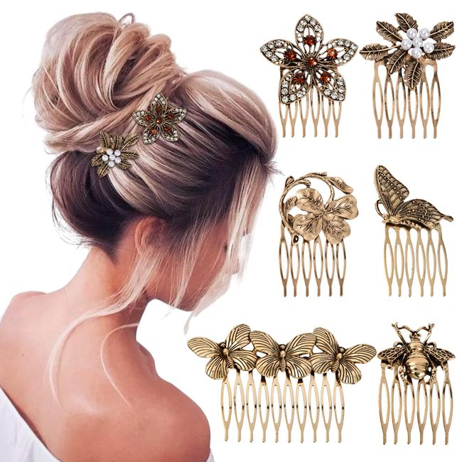 6 Stück Vintage Haar Seitenkämme für Frauen Dekorativ,Retro Gold Blume Perle Kopfschmuck, Strass Metall Haarkamm Clips mit Zähnen Griff,Kristall Haarkämme haarschmuck hochzeit für Frauen und Mädchen