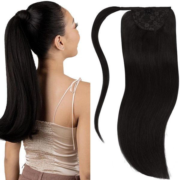 Lacerhair Hair Extensions Real Human Hair Ponytail with Magic Paste One Piece Black Wrap Around Ponytail Extension 18 Inch 80 Grams Hair Pieces for Women