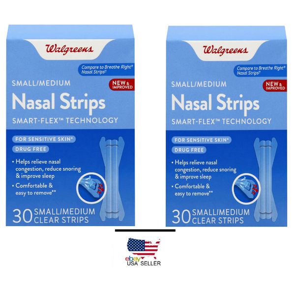 2 Pack of Walgreens Breathe Right Small/Medium Original Nasal Strips 60 Total