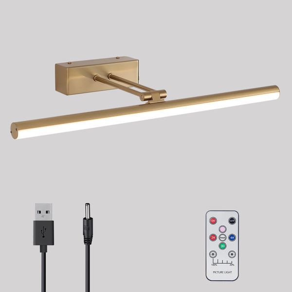 HOWMZON Picture Light, Battery Picture Light with Remote, 16" Art Light for Paintings, Rechargeable Picture Light for Wall Gallery Portrait Artwork (Brass)