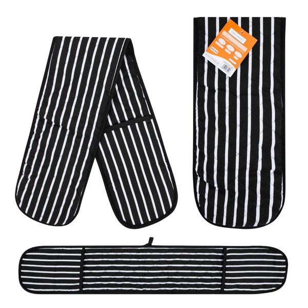 RASH Accessories Double Oven Gloves Butcher Quilted Stripe Pot Holder Heat Resistant Mitt 100% Cotton (Black)