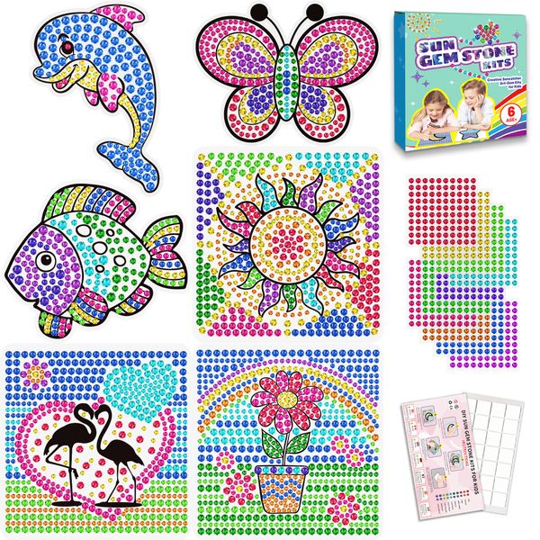 6 Sheets Suncatcher Kits for Kids Ages 6 7 8 9 10, DIY Diamond Painting Kit Butterfly Sunflower Dolphin for Girls Ages 6+, 5D Gem Diamond Window Art Craft Kits for Boys for Christmas Home Decor