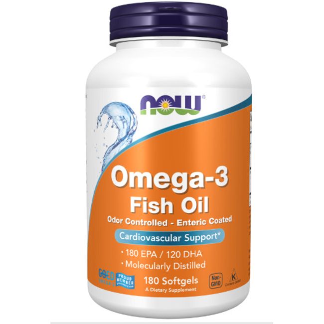 NOW Foods Omega-3 Enteric Coated Fish Oil, 1000 mg, 180 Softgels