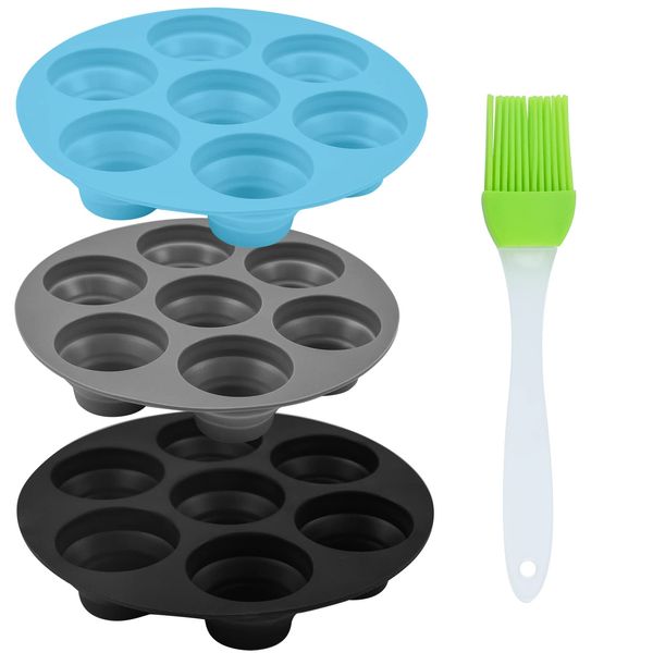 BEHAHAI 3pcs Silicone Muffin Pans with Brush,7 Cup Silicone Bun Muffin Tray Round Non Stick Baking Mould Air Fryer Cake Molds Muffin Cake Cups Silicone Cupcake Moulds for Yorkshire Pudding Baking