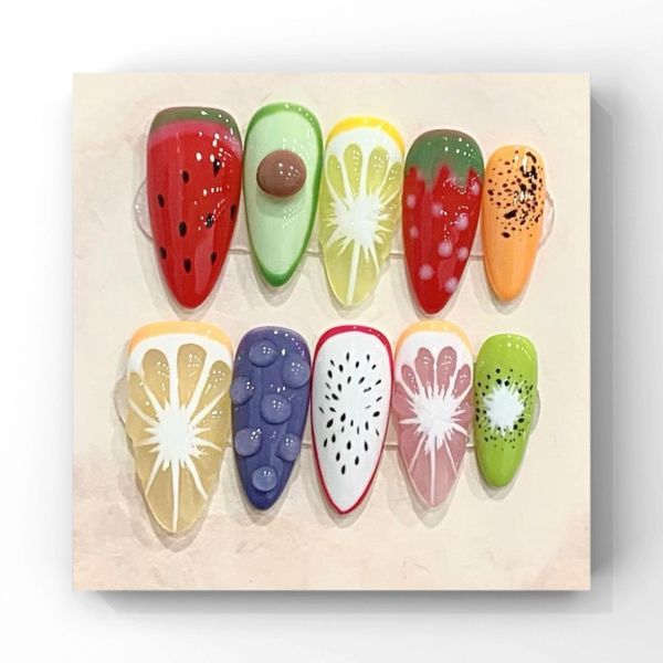 Wsiliana Handmade Nails Press On Nail Almond Nature Handmade Nails, Lasting Reusable Fake Nail Tips Charm 3D Summer Fruit Design 10Pcs Handmade False Nail with Storage Box，Jelly Nail Tools(076 M)