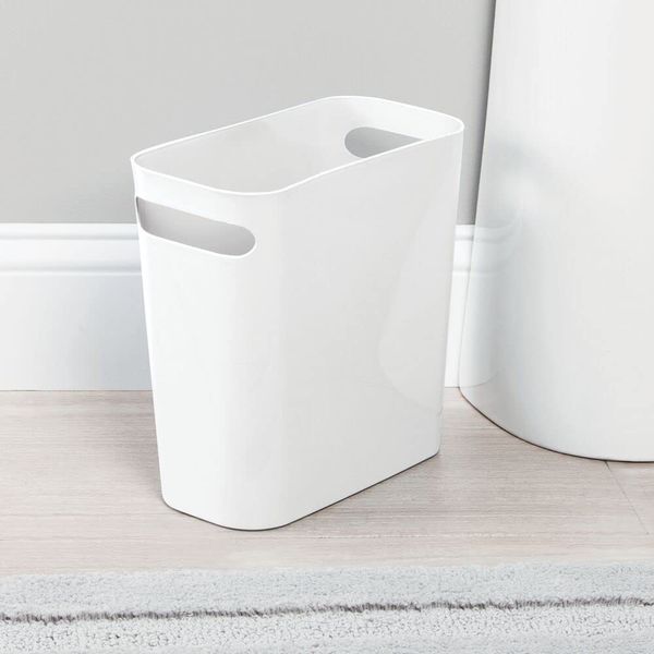 mDesign Plastic Small Trash Can, 1.5 Gallon/5.7-Liter Wastebasket, Narrow Garbage Bin with Handles for Bathroom, Laundry, Home Office - Holds Waste, Recycling, 10" High, Aura Collection, White