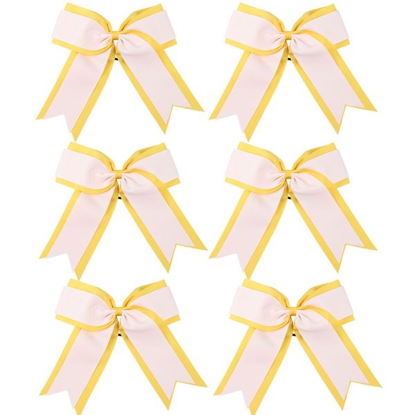 8 Inch 2 Colors Cheerleader Bows 2 Layers 6 Pcs Ponytail Holder Cheerleading Bows Hair Elastic Hair Tie (Yellow/White)