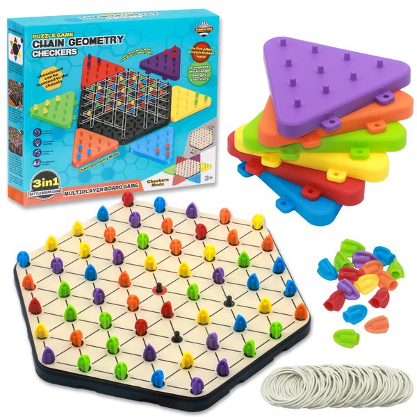 Chain Triangle Chess Game - Upgraded 3-in-1 Puzzle Board Games with More Play Options, Chinese Checkers Board Game for Family, Kids and Adults, 2 to 6 Players, Simple Yet Fun