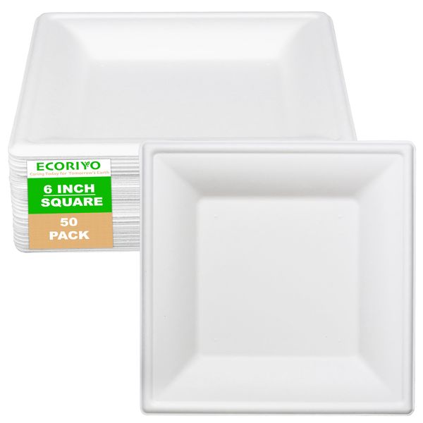 ECORIYO 6-Inch Square Paper Plates Bagasse Sugarcane Plates - 50-Pack of Eco Friendly Disposable Plates from Sugarcane - Freezer-Safe & Microwave-Safe Picnic Plates - White