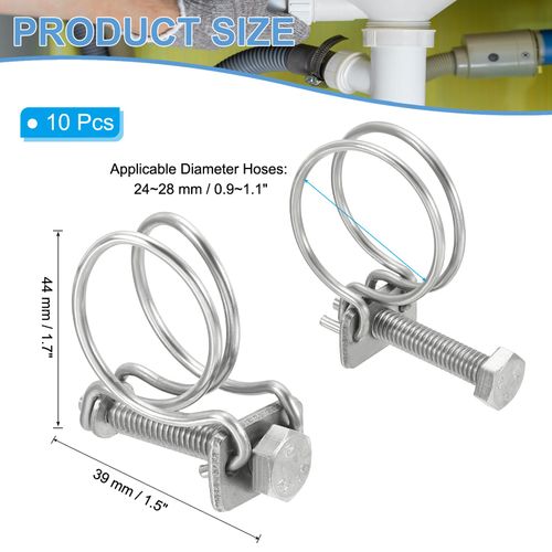PATIKIL 24-28mm Adjustable Double Wire Hose Clamp, 10 Pcs 304 Stainless Steel Wire Hose Clips Pipe Tube Clamps for Dust Collection Rubber PVC Pool Pump Hose