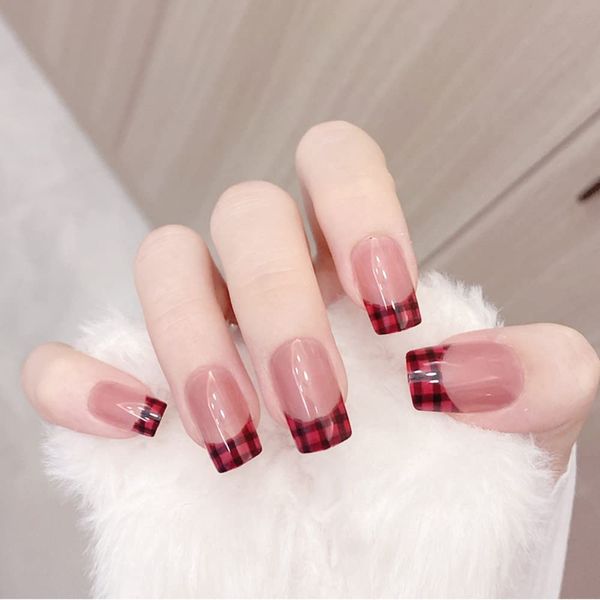 Stick On Nails Short False Nails Elegant Touch Pink Gradient Acrylic Full Cover Fake Nail 24pcs for Women and Girls (D_RedCheck)