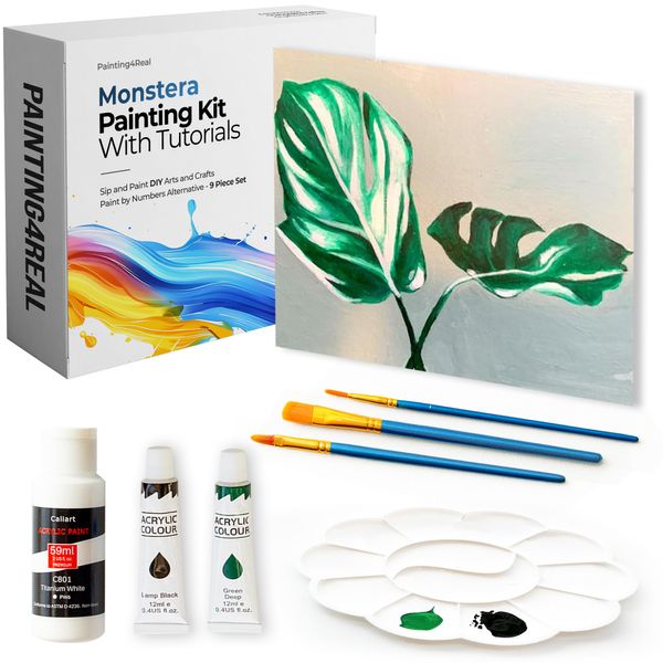 Monstera Botanical Art Painting Kits for Adults with Video Tutorial - 9 Piece DIY Beginner Arts and Crafts for Adults, Ideal Retirement Gift for Woman, Canvas Painting Kit for Creative Adults