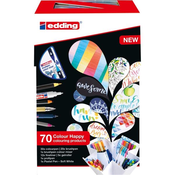 edding Colour Happy Big Box - set of 70 - brush pens, colour pens, gel roller, pastel pen, fineliner - gradient colour mixer - big set - for drawing, painting, hand lettering, bullet journals