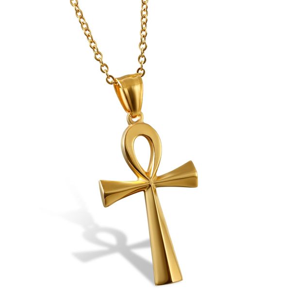 Flongo Herren-Kette Männer Anhänger Damen Halskette, Edelstahl Halskette mit Egyptian Ägyptisches Zeichen Anch o. Ankh Kreuz Kruzifix Anhänger Gold