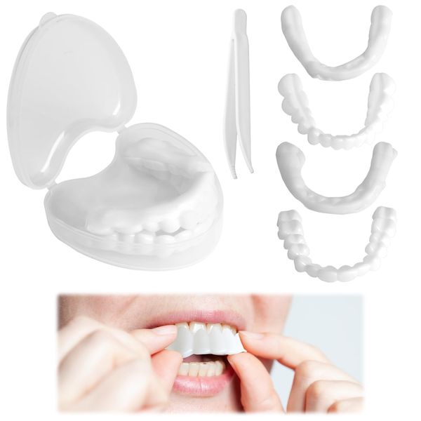 5 Pcs Instant Veneers Dentures Set Clip in Whitening Cosmetic Teeth Temporary Fake False Teeth Top and Bottom with Heart Box Snap On Veneers for Men and Women Enhance Your Smile Confidently