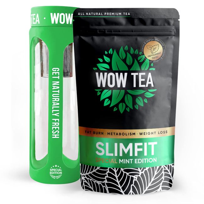 WOW TEA Mint SlimFit Tee mit Eco Green Bottle - Schlankheitstee zur natürlichen Gewichtsabnahme | Bauchblähungstee | Diät-Minztee mit Schokoladengeschmack | Grüner Tee, Pfefferminze, | 150 gr, 550 ml