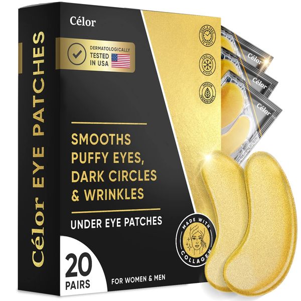 CÉLOR Under Eye Patches - Golden Eye Mask with Amino Acid & Collagen, Cooling Eye Care for Wrinkles, Puffy Eyes & Dark Circles, Skincare Treatment for Men & Women, USA Tested (20 Pairs)