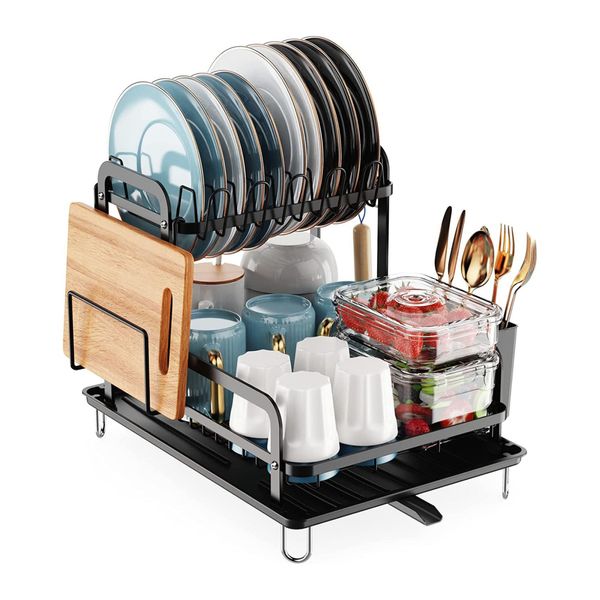 2-Tier Kitchen Dish Drying Rack w/ Detachable Drainboard - Rustproof Organizer Set incl. Utensil Holder. Space Saver! - Black