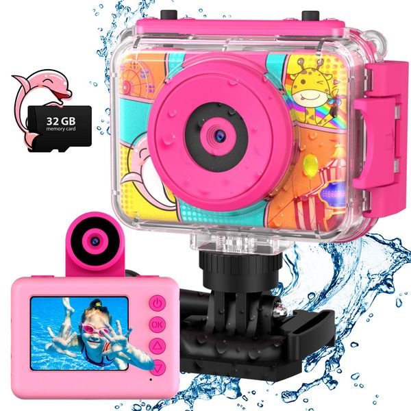 CHAKEYAKE Kids Camera, Waterproof Kids Digital Camera, Children Selfie Camera with 180°Flip Len, 20MP 1080P Sports Action Toy Underwater Camera for Pool Helmet, Birthday Gifts for Boys Girls Age 3-12