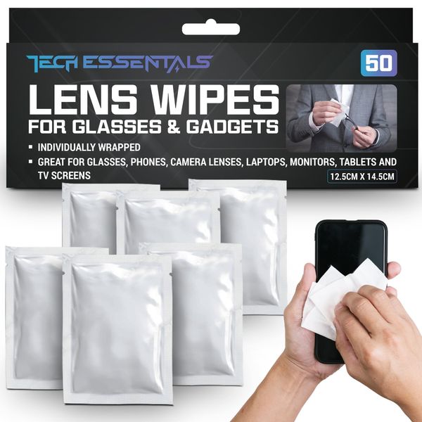 50pk Lens Wipes for Glasses & Gadgets | Glasses Wipes Individually Wrapped | Glasses Lens Cleaner for Glasses Cleaner Wipes Lens Wipe Spectacle Wipes Glasses Cleaning Wipes Lenses Wipes + SOL Sticker