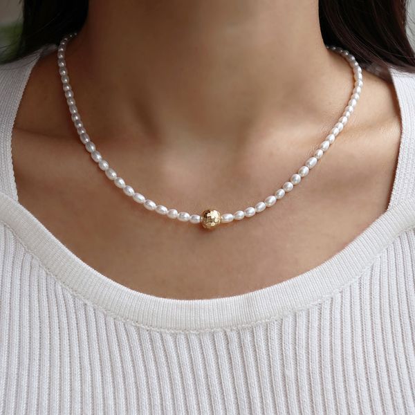 14k gold check ball 8mm point oval pearl necklace (wire ver.)