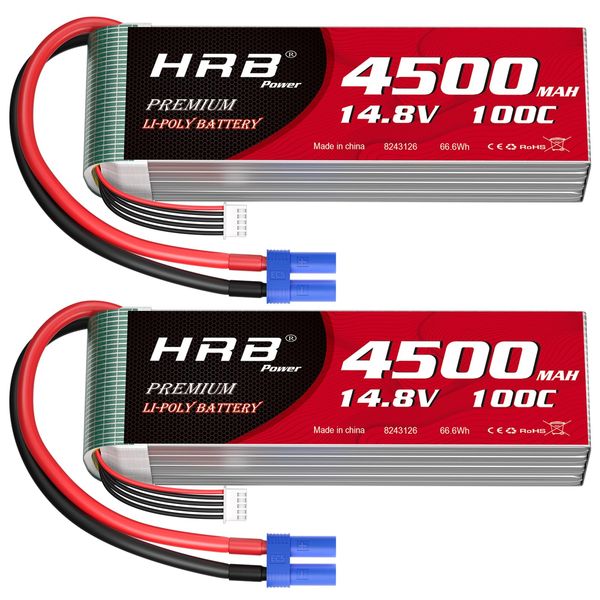 HRB 4S 4500mAh Lipo Battery EC5 100C 14.8V RC Lipo Battery Compatible with RC Car RC Plane RC Truck RC Boat (2PCS)