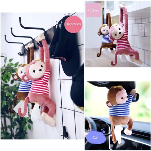 CB Plush Tissue Holder Hanging Pouch Cute Cartoon Animals Paper Storage Tissue Tray Container Cover for Car, Home, Monkey-Blue