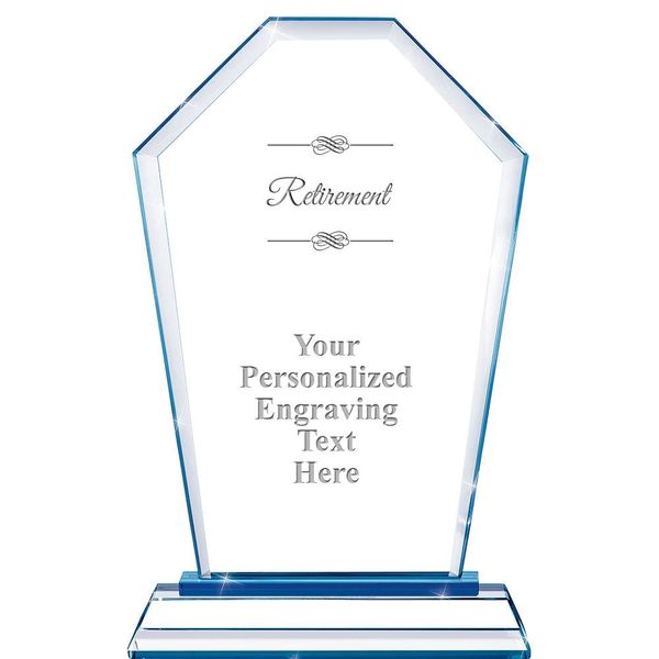 Custom Retirement Award, Crest Blue Base Personalized Crystal Trophy