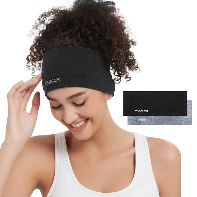 MIORICK Merino Wool Headbands,Workout Sweatband for Women & Men,Non Slip & Moisture Wicking Sports Hairbands for Running(2 Pack),Black+Light Gray