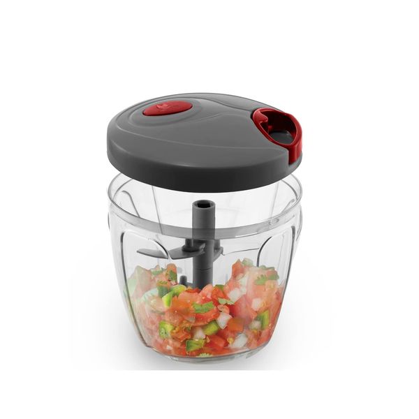 AARNAV Grey Manual Pull String Chopper Handy Chopper with 6 Blades for Chopping Vegetables, Fruits, Onions, Garlic, Meat - Curved Stainless Steel Removable Blades, Hand Manual Food Processor 900ml