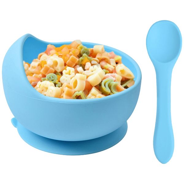 Delven Baby Bowls Spoons for Feeding,Silicone Toddler Weaning Bowls Set Blue with Suction BPA Free Non Slip Easy to Clean Cutlery Tableware Set for Children Infant Boys,Microwavable Dishwasher Safe