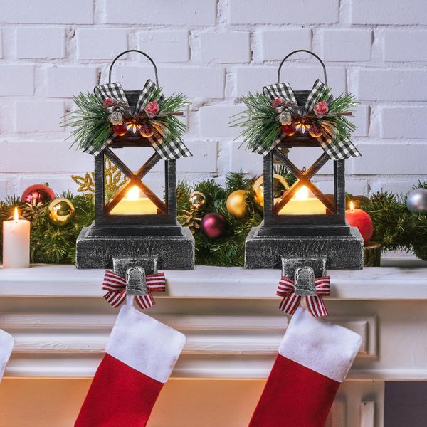 HPC Decor 2 Pcs Christmas Stocking Holders,Decorative Candle Lantern Christmas Stocking Holders Stocking Hangers for Mantel,Retro Xmas Hooks LED Lighted Stocking Holders for Home,Table,Indoor(Black)