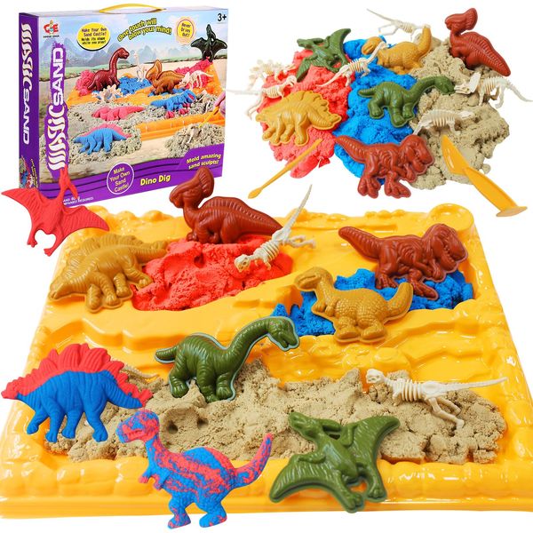 Crelloci Play Sand Dinosaur Toys Pretend Play Sandbox with Magic Sand, 6 Dino Figures Playset Toy, 6 Sand Mold & 2 Sand Tools, Sensory Bin Sand Toys Magnetic Sand Gift for Kids Boys Age 3-8