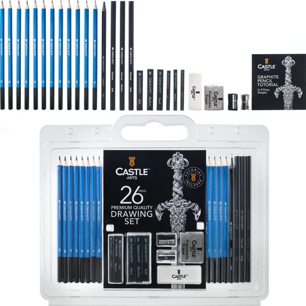 Castle Art Supplies 26-teiliges Premium-Zeichen- und Skizzier-Set | Für Künstler, Profis oder Anfänger | Zeichenstifte, Kohle, Graphit und mehr | Verpackt im Etui zum Mitnehmen