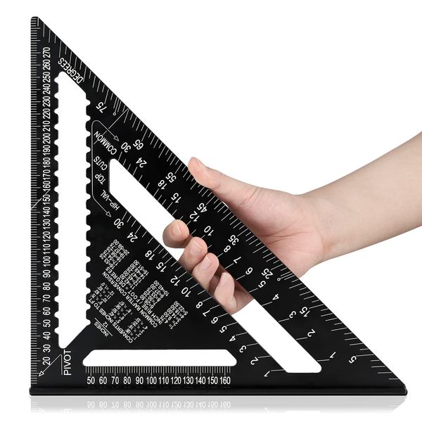 Beslands Triangle Ruler for Carpentry, Circular Saw Ruler, 11.8 x 11.8 inches (30 x 30 cm), Double-Sided Scale, 12 Inches, Aluminum Alloy, Black, Protractor, 45° Injury Tool, Carpentry Tool, Surveying