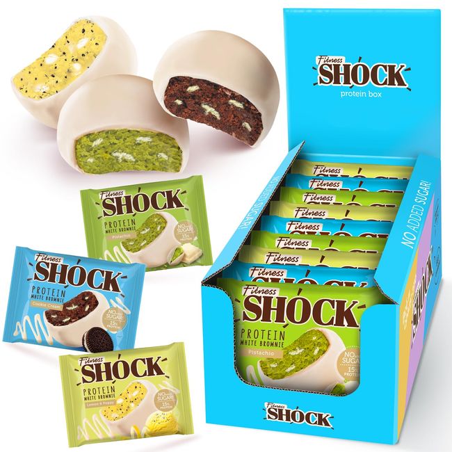 FitnesSHOCK Protein Brownie White Chocolate, No Added Sugar, 15%/7,5g Protein, 233kcal, Pre/Post Workout Snack - No Palm Oil, Filling dietary fibre, Soft Texture, 9x50g - Variety pack