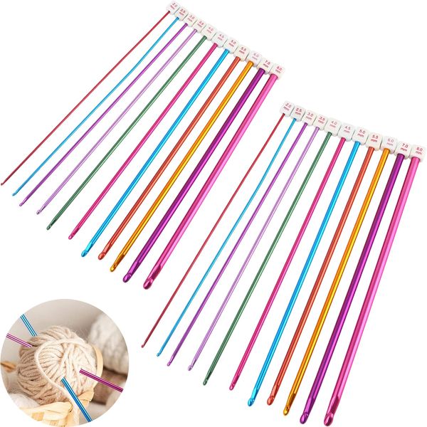 22PCS Coloured Knitting Needles Set 27cm Long, Yarn Long Knitting Needles for Blanket, Straight Metal Knitting Pins for Kids Beginners Funky Coloured Metal Knitting Needle Sets Knitting Wool