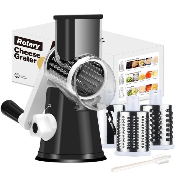 Rotary Cheese Grater Cheese Shredder - Cambom Kitchen Manual Cheese Grater with Handle Vegetable Slicer Nuts Grinder 3 Replaceable Drum Blades and Strong Suction Base Free Cleaning Brush