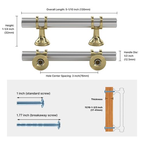 Haliwu 10 pack Brushed Nickel Cabinet Pulls, Cabinet Handles Brushed Nickel, Barrel Cabinet Handles Gold Kitchen Hardware Pulls, 3 inch Hole to Hole Center