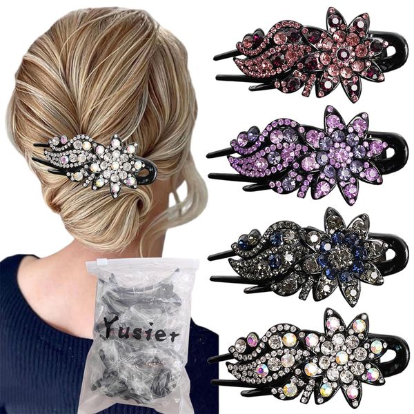 Yusier 4PCS Ponytail Hair Clip Duckbill Clips with Rhinestones Headdresses for Women Diamond Hair Clips with Flower Decorative Barrettes Sparkly Prom Hair Clips (Flower-B)