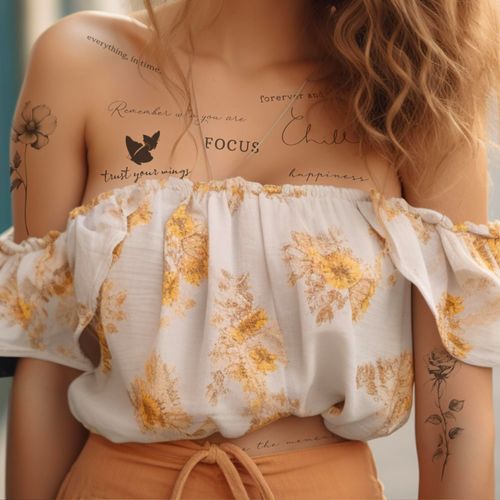 Esland Realistic Temporary Tattoo - 60 Sheets Small Fake Tattoo, 30 Pieces Meaningful Font Word Tattoos, 30 Pieces Line Drawings, Wildflower Nature Tattoo Stickers for Women