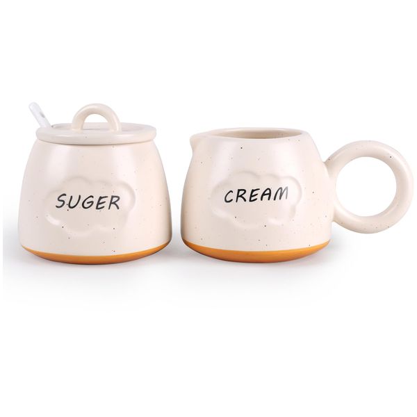 Umlaca Ceramic Cream & Sugar Set, Sugar Bowl with Lid, Milk Jug & Sugar Jar, Coffee Serving Set, Sugar & Creamer Set for Home Use, Wedding, Gift (Beige)